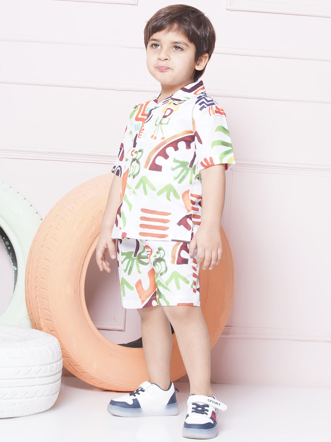 AJ Dezines White Cotton Shirt & shorts Half Sleeves with Collar and Tropical CO-ORDS Set for Boys