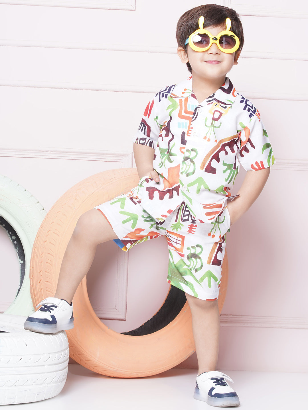 White Cotton Shirt & shorts Half Sleeves with Collar and Tropical CO-ORDS Set for Boys