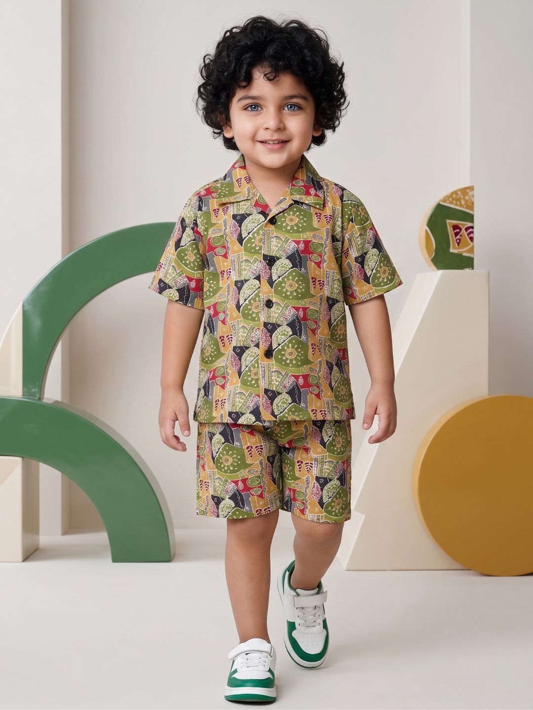 Kids Boys Green Floral Print Cotton CO-Ords Set