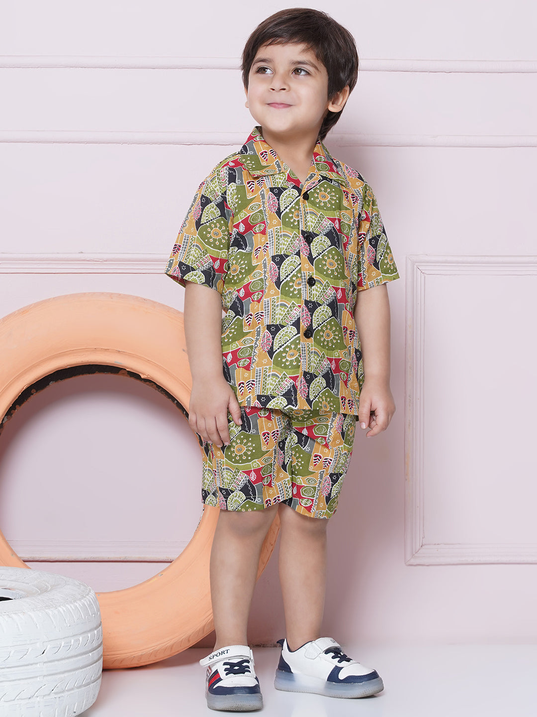 Green Cotton Shirt & shorts Half Sleeves with Collar and Printed CO-ORDS Set for Boys