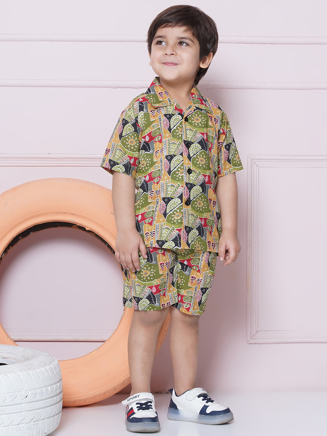 Kids Boys Green Floral Print Cotton CO-Ords Set - AJ Dezines