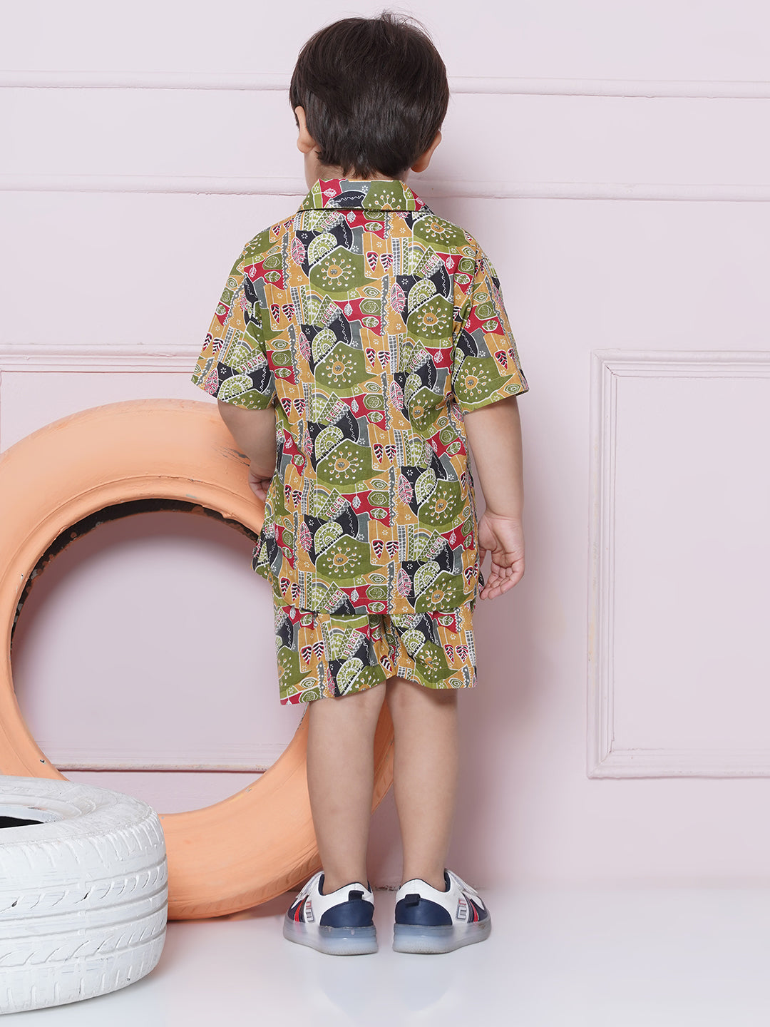 Green Cotton Shirt & shorts Half Sleeves with Collar and Printed CO-ORDS Set for Boys