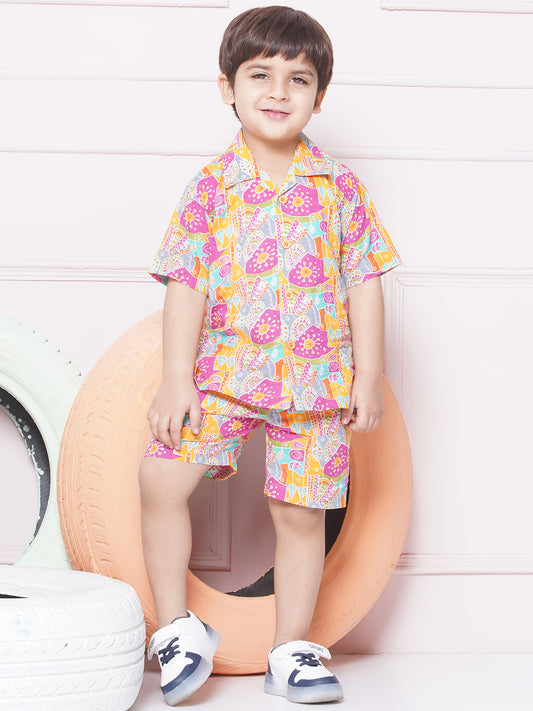 Multi-Color Cotton Shirt & shorts Half Sleeves with Collar and Floral CO-ORDS Set for Boys