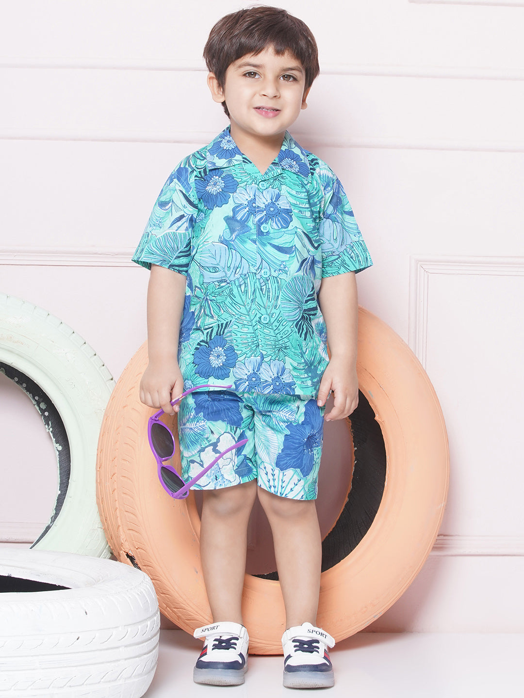 Blue Cotton Shirt & shorts Half Sleeves with Collar and Floral CO-ORDS Set for Boys