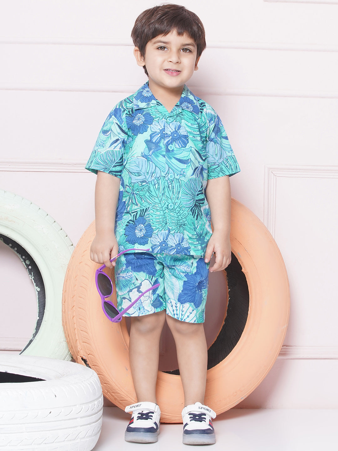 Kids Boys BLUE Floral Print Cotton CO-Ords Set