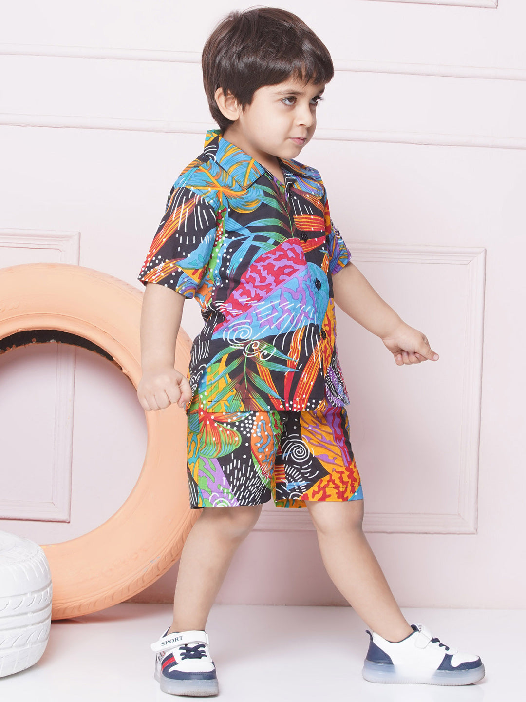 Black Cotton Shirt & shorts Half Sleeves with Collar and Tropical CO-ORDS Set for Boys
