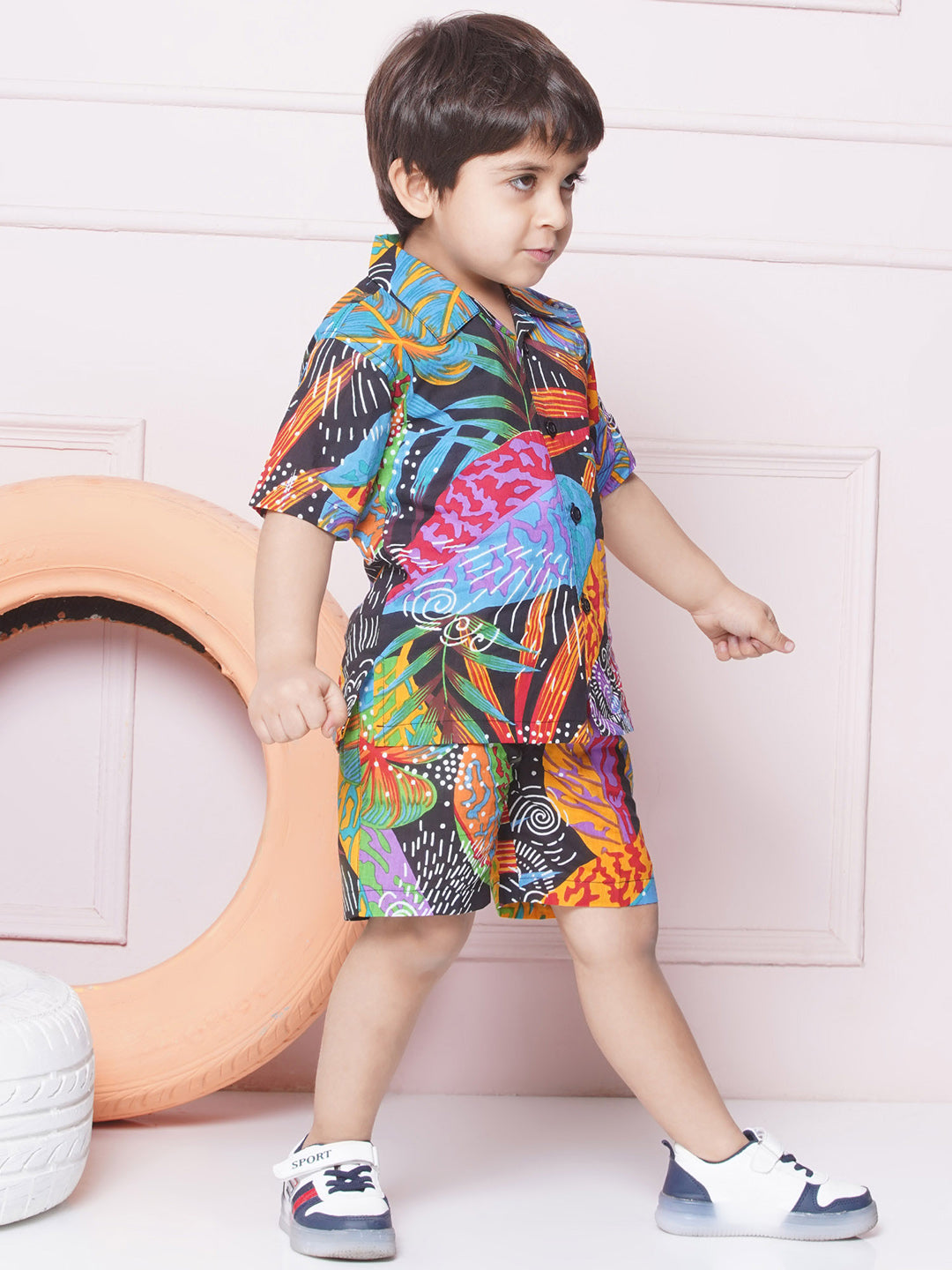 Kids Boys Black Tropical Print Cotton CO-Ords Set - AJ Dezines