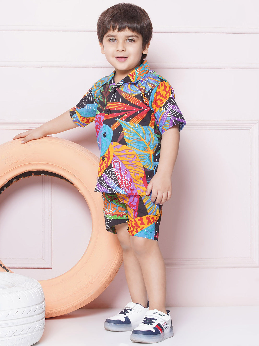 Black Cotton Shirt & shorts Half Sleeves with Collar and Tropical CO-ORDS Set for Boys