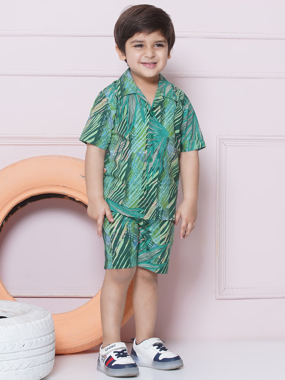 Kids Boys Green Tropical Print Cotton CO-Ords Set - AJ Dezines