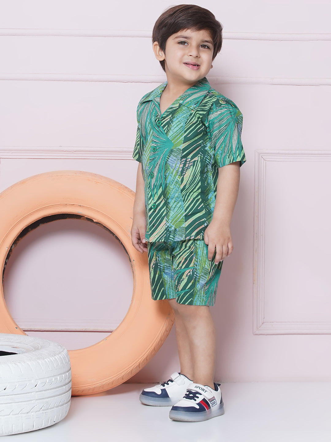 Kids Boys Green Tropical Print Cotton CO-Ords Set - AJ Dezines