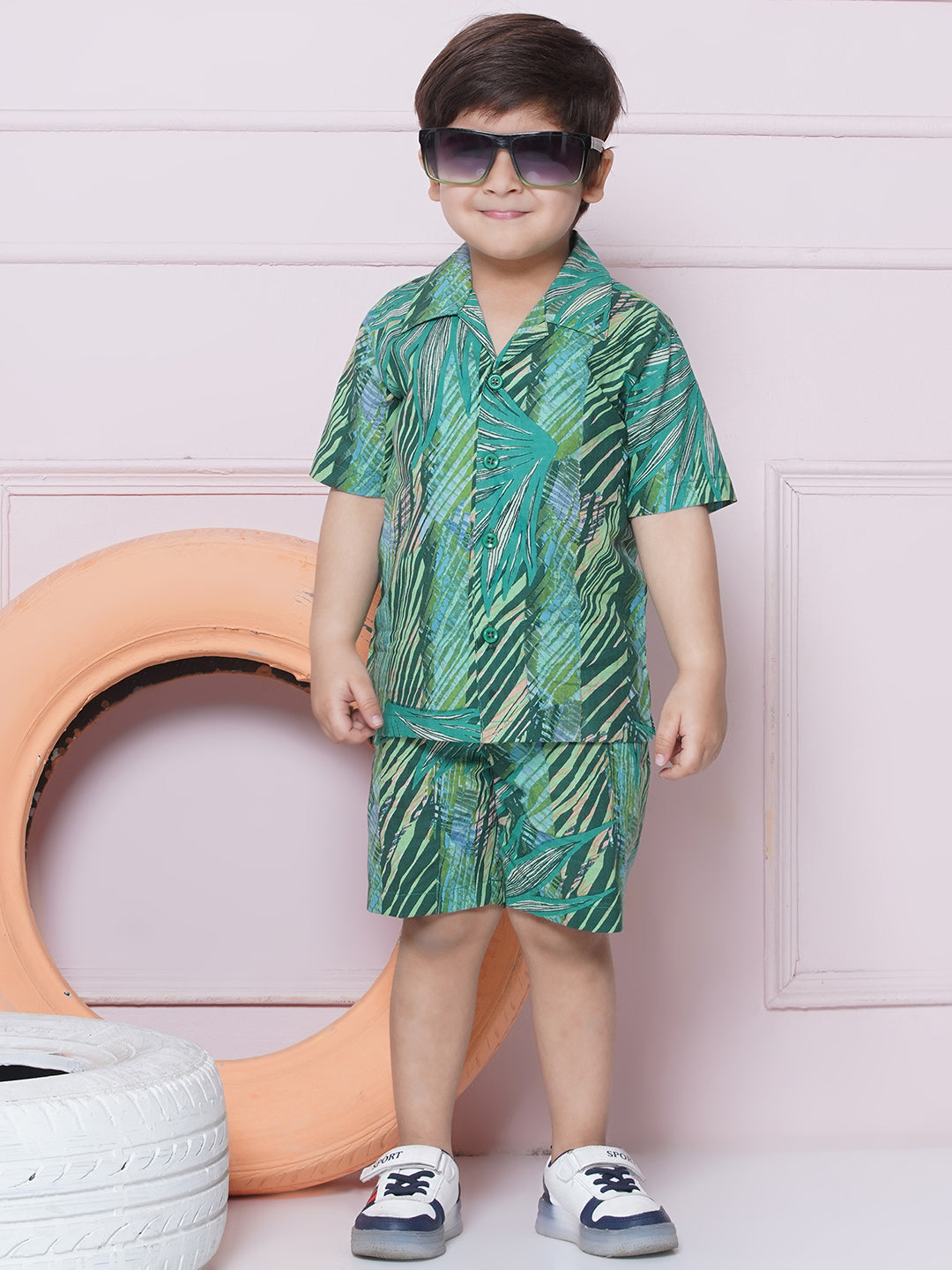 Mehendi Cotton Shirt & shorts Half Sleeves with Collar and Floral CO-ORDS Set for Boys
