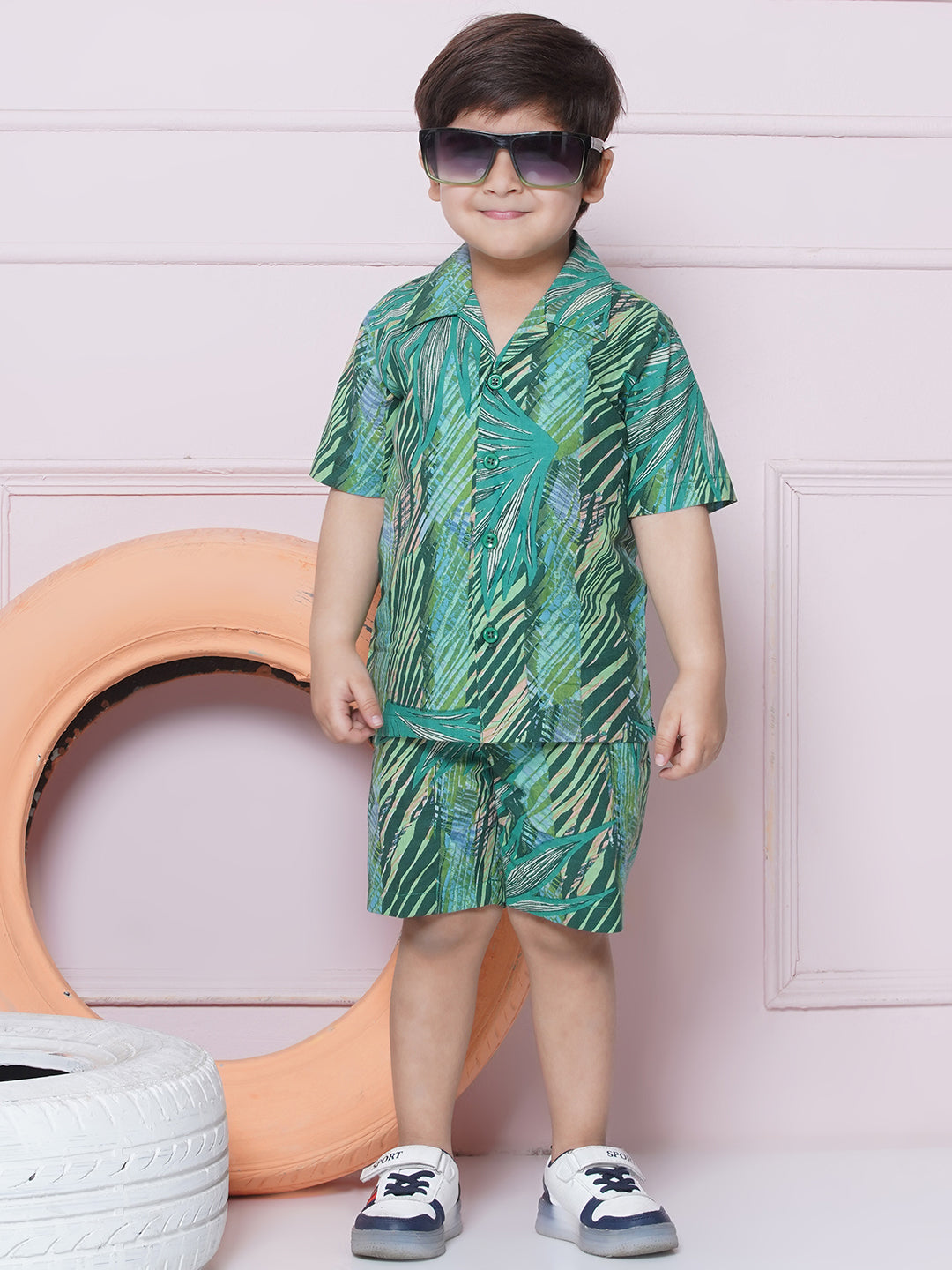 Kids Boys Green Tropical Print Cotton CO-Ords Set - AJ Dezines