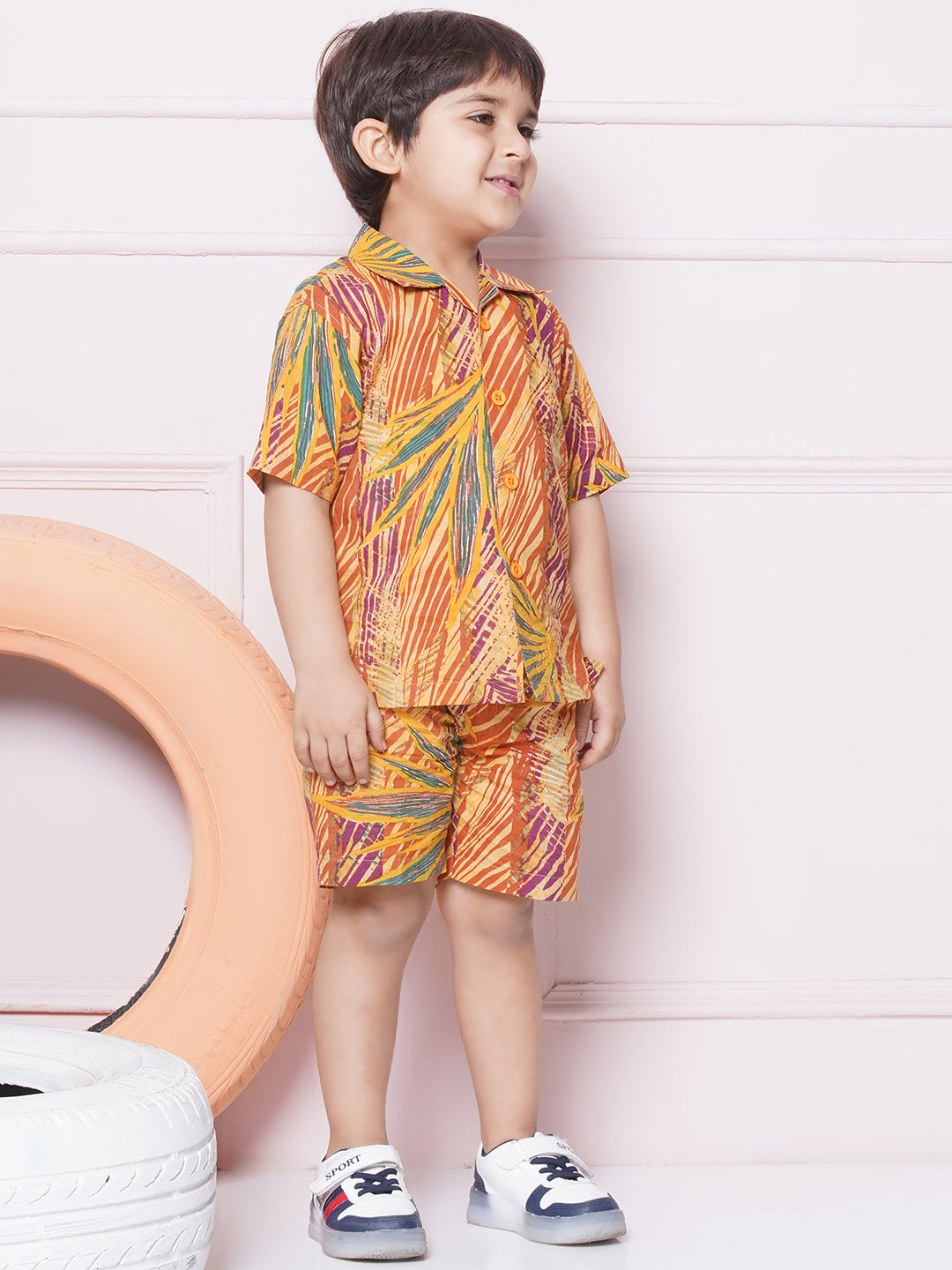 Kids Boys Mustard Tropical Print Cotton CO-Ords Set - AJ Dezines