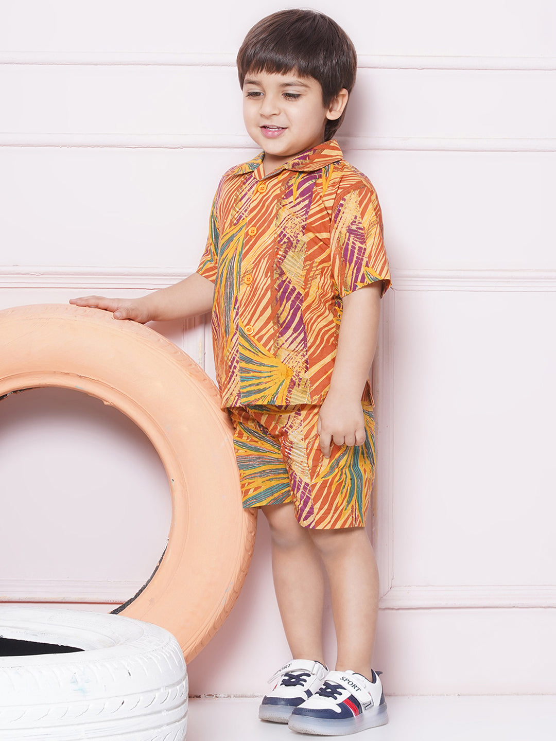 Kids Boys Mustard Tropical Print Cotton CO-Ords Set - AJ Dezines