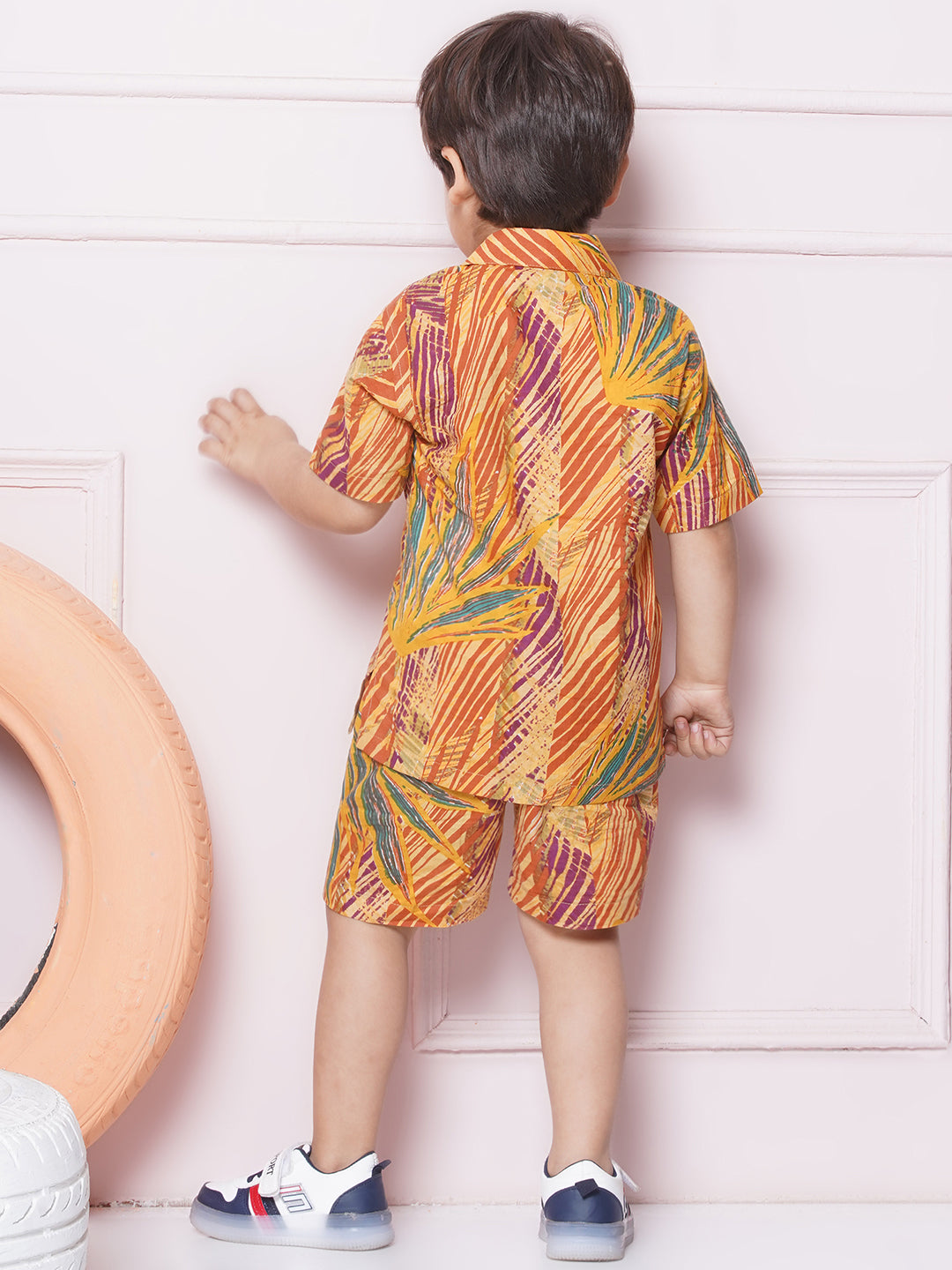 Kids Boys Mustard Tropical Print Cotton CO-Ords Set - AJ Dezines