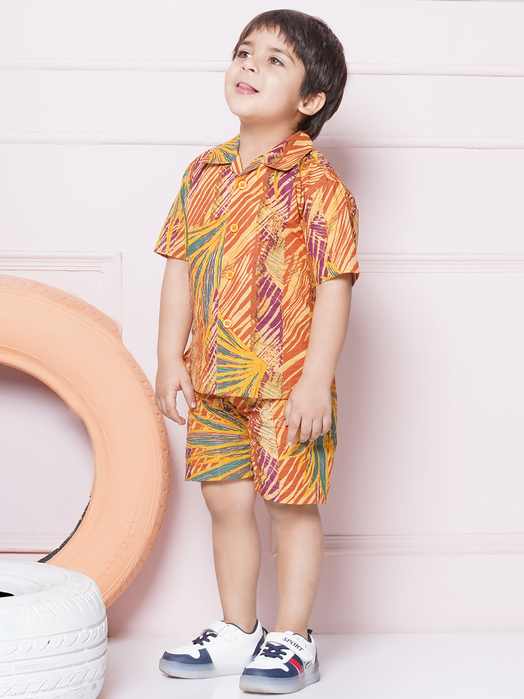 Kids Boys Mustard Tropical Print Cotton CO-Ords Set - AJ Dezines
