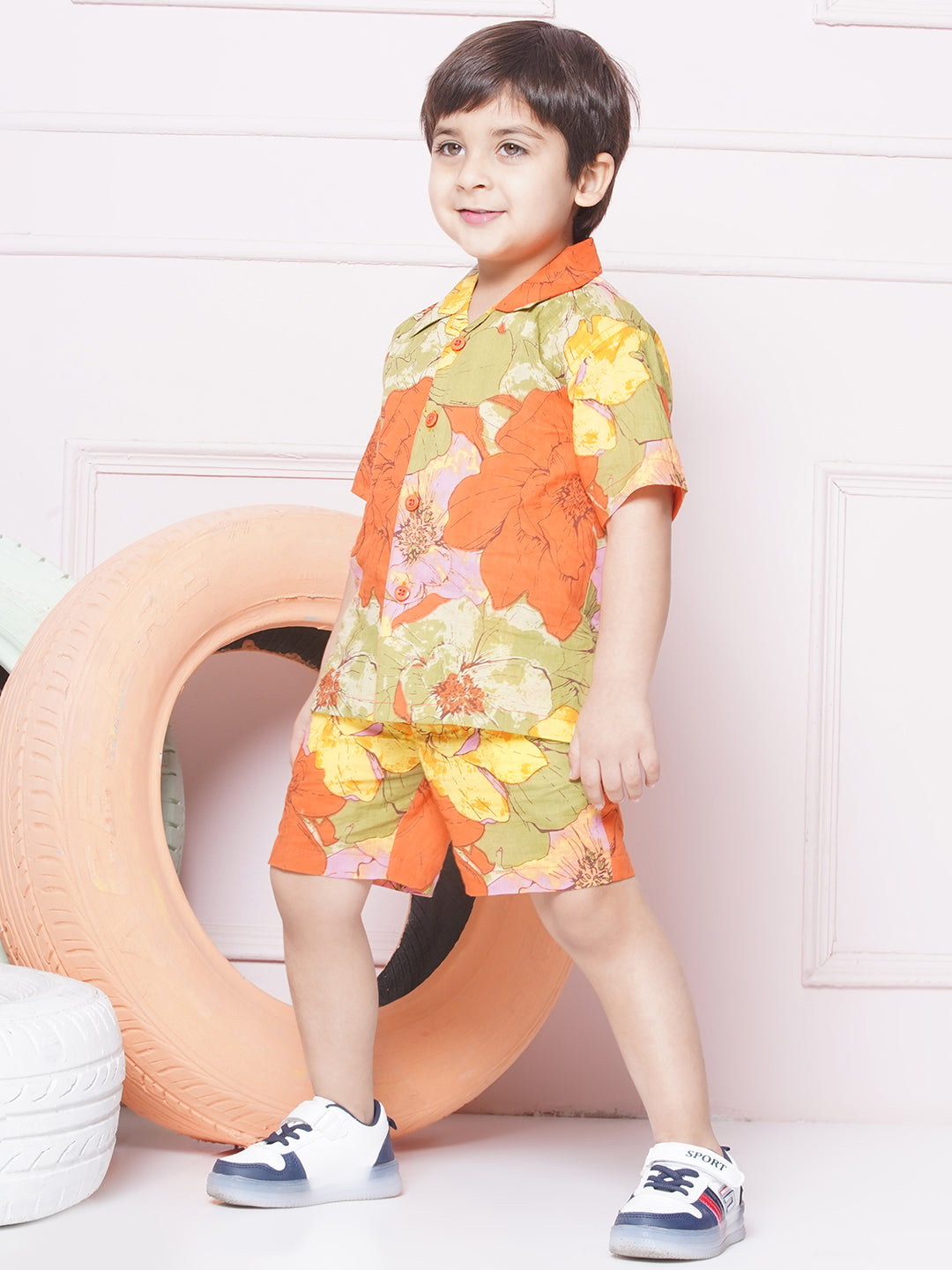 Red Cotton Shirt & shorts Half Sleeves with Collar and Floral CO-ORDS Set for Boys