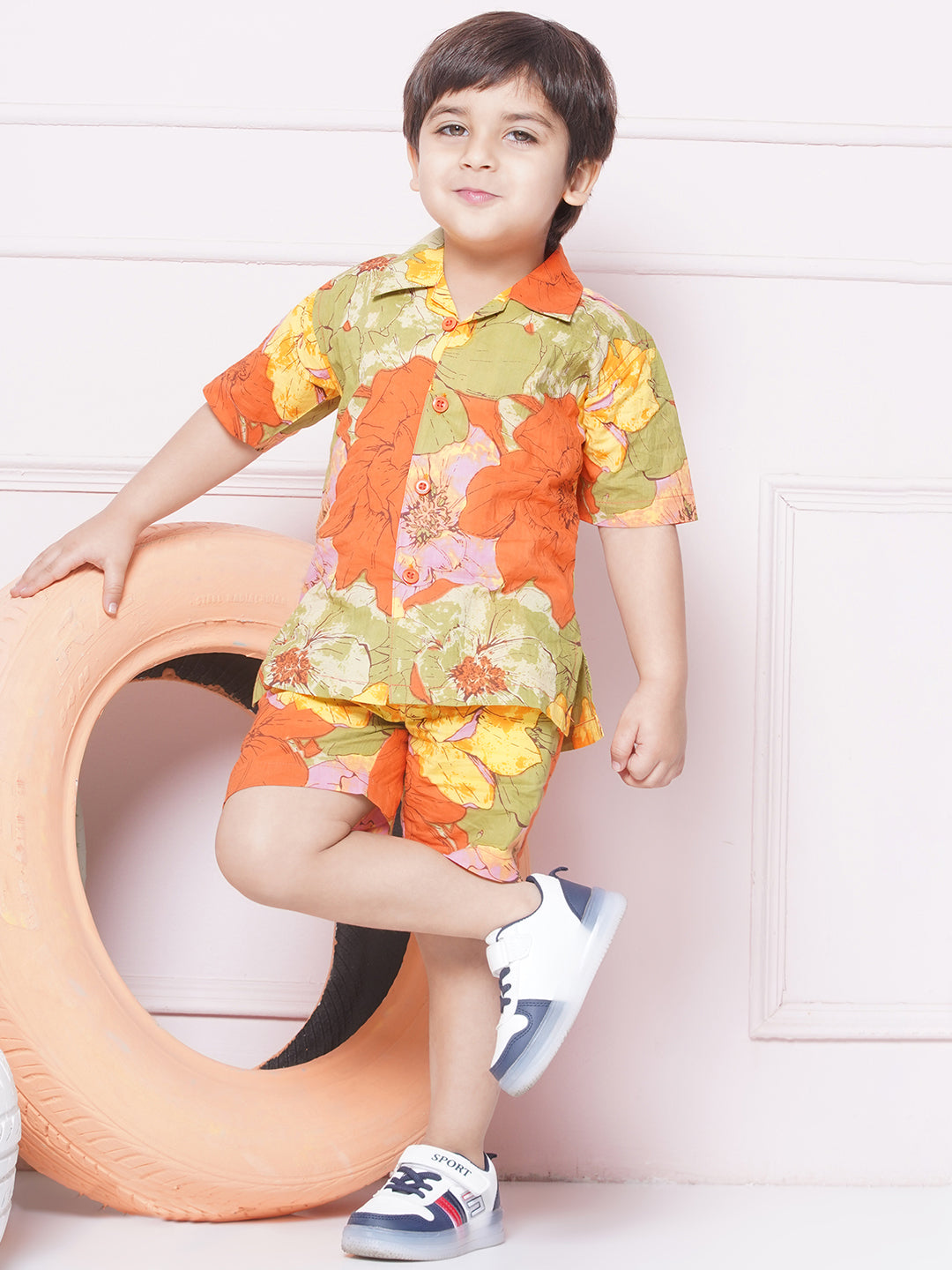 Red Cotton Shirt & shorts Half Sleeves with Collar and Floral CO-ORDS Set for Boys