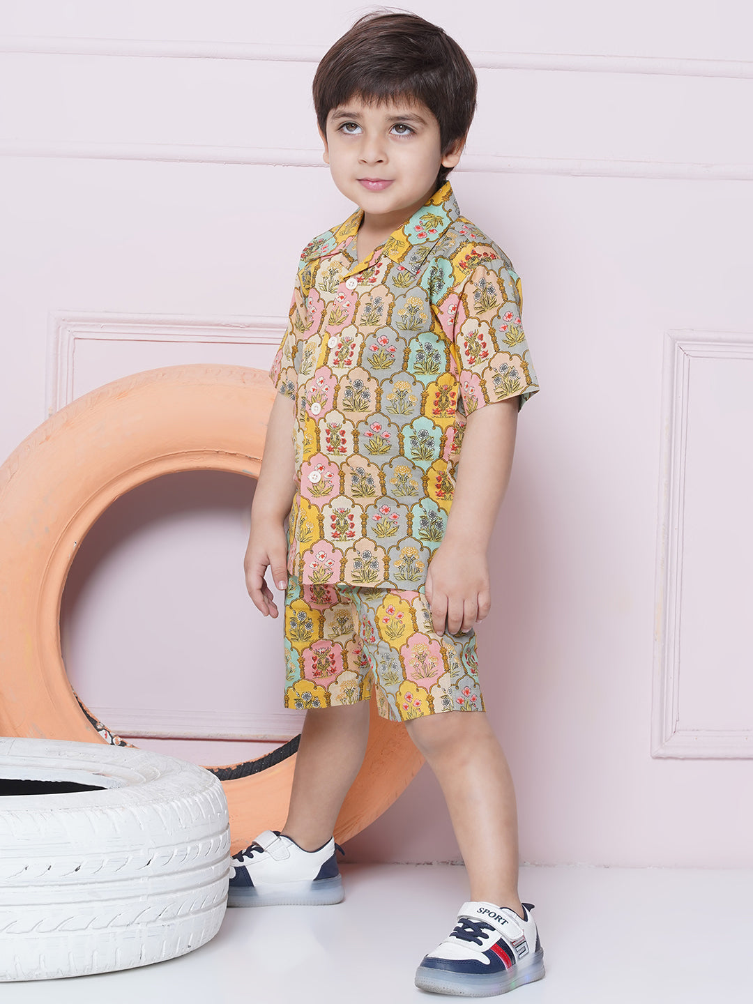 Beige Cotton Shirt & shorts Half Sleeves with Collar and Floral CO-ORDS Set for Boys