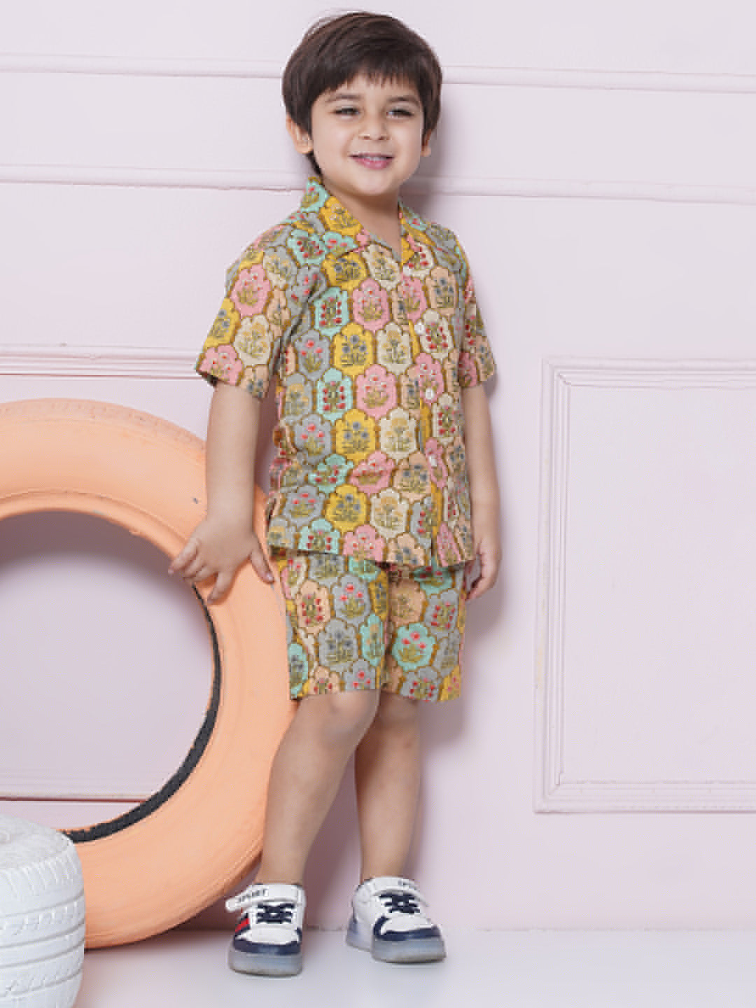 Beige Cotton Shirt & shorts Half Sleeves with Collar and Floral CO-ORDS Set for Boys