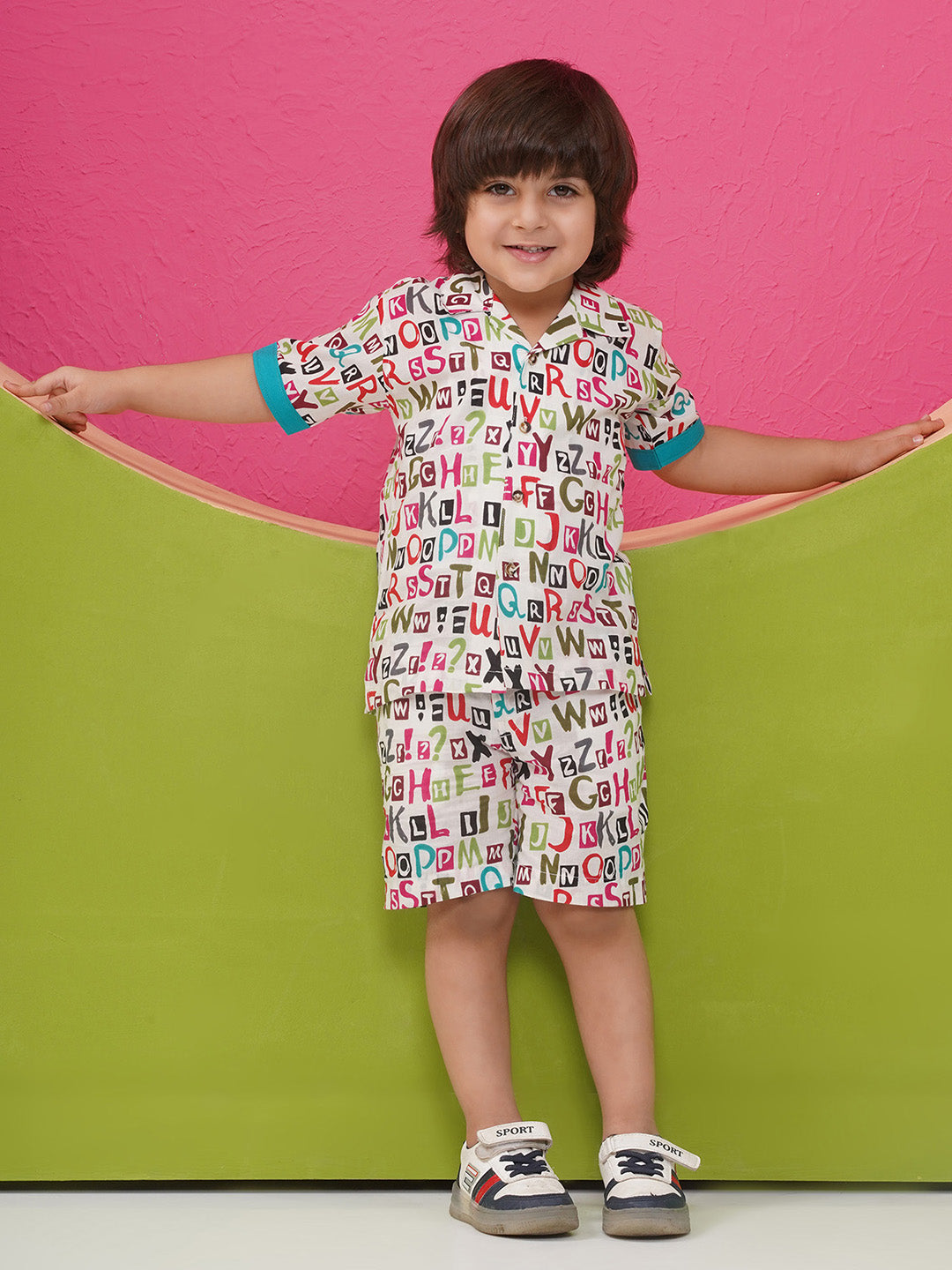 MULTI-COLOR Pure Cotton Half Sleeves Alphabet Print Co-Ords Set for Boys