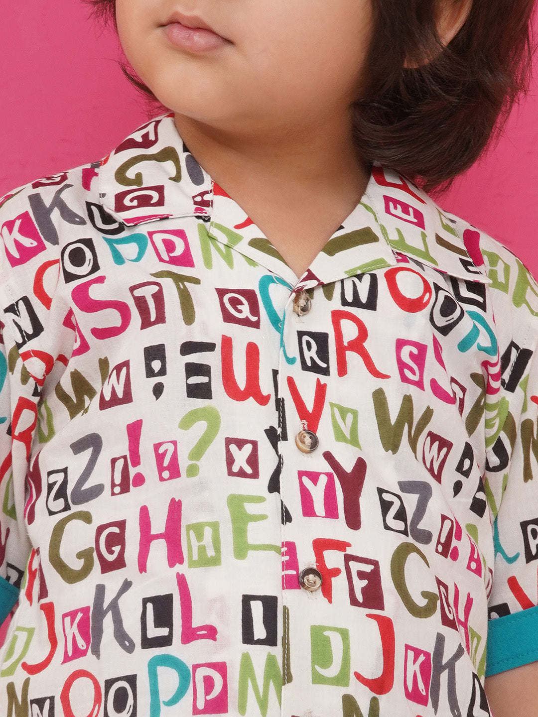 MULTI-COLOR Pure Cotton Half Sleeves Alphabet Print Co-Ords Set for Boys