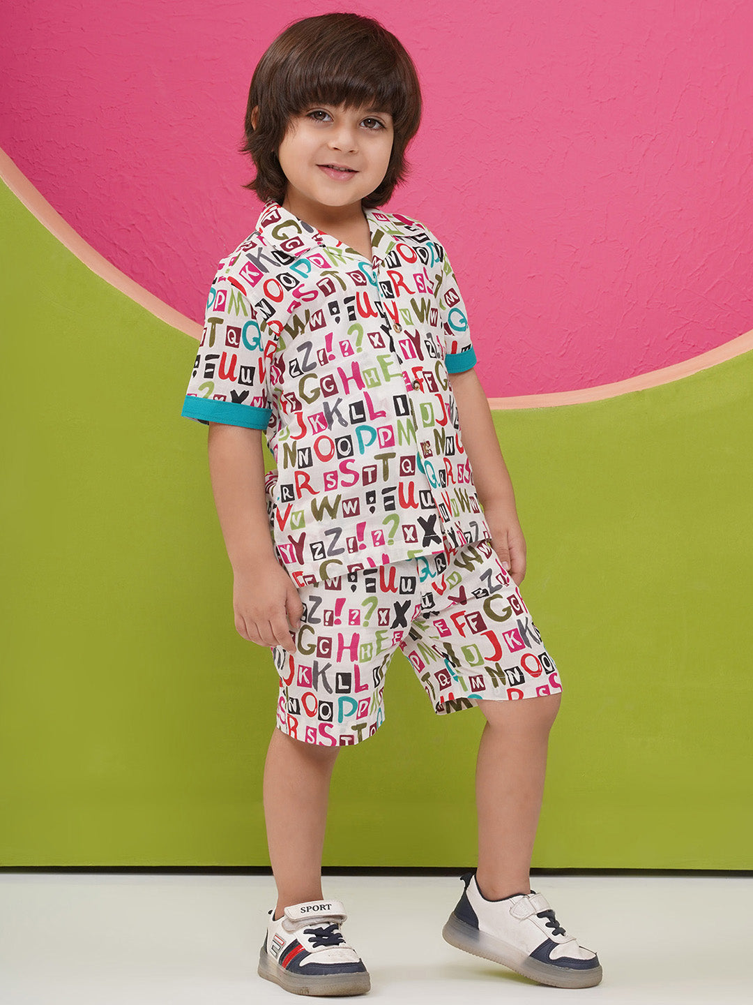 MULTI-COLOR Pure Cotton Half Sleeves Alphabet Print Co-Ords Set for Boys