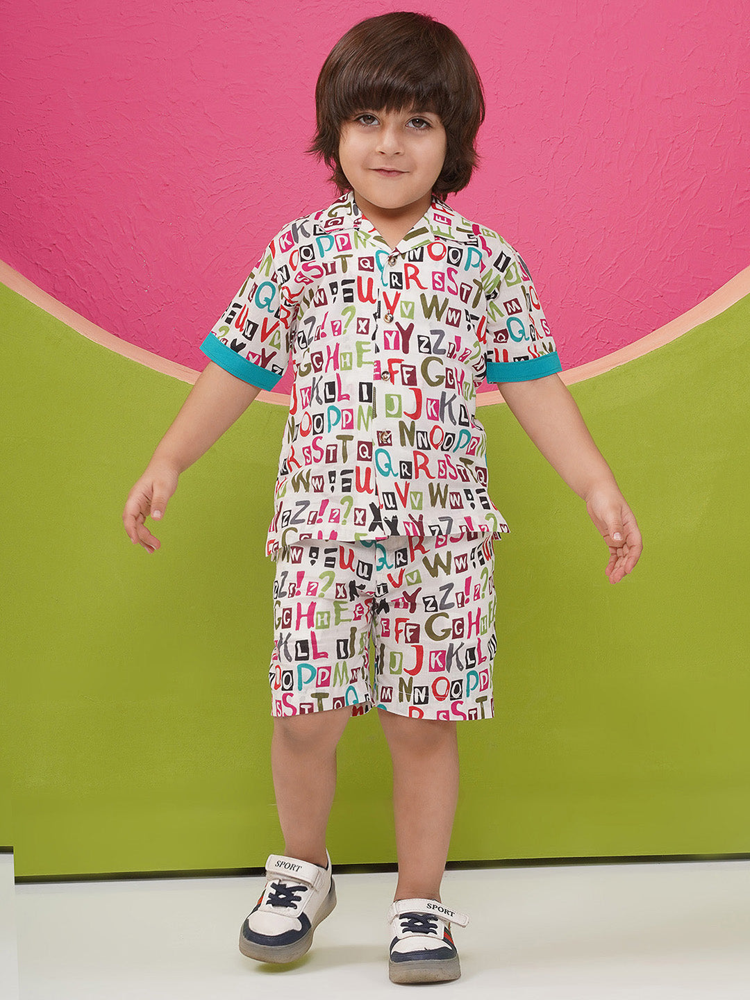 MULTI-COLOR Pure Cotton Half Sleeves Alphabet Print Co-Ords Set for Boys