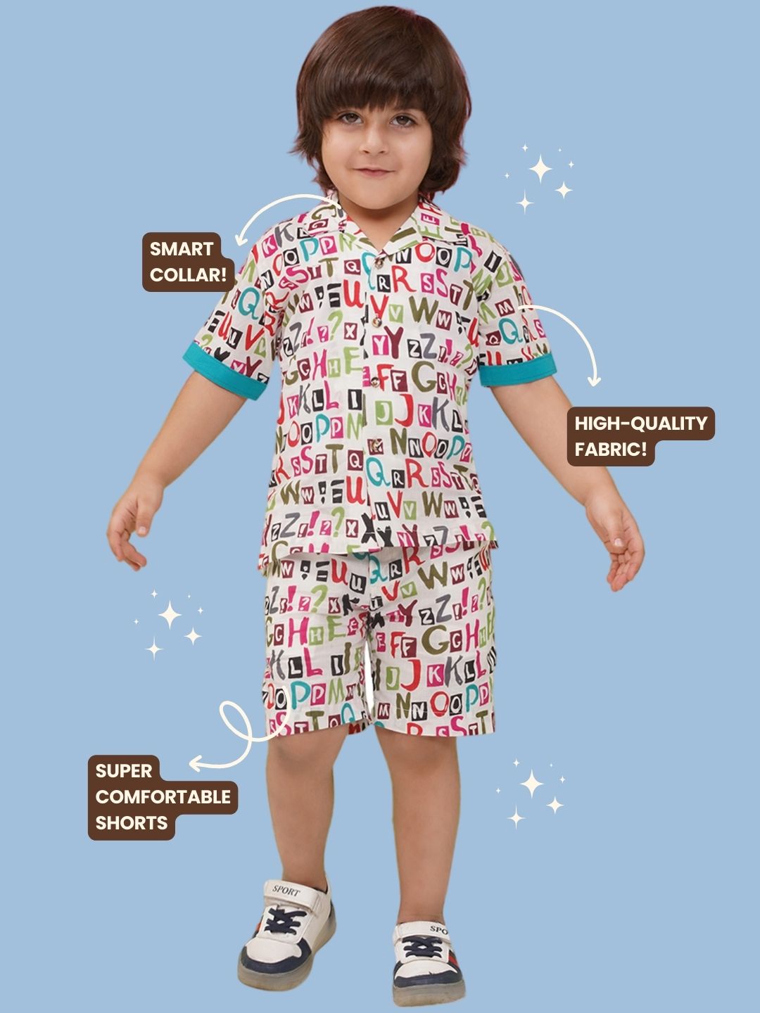 MULTI-COLOR Pure Cotton Half Sleeves Alphabet Print Co-Ords Set for Boys