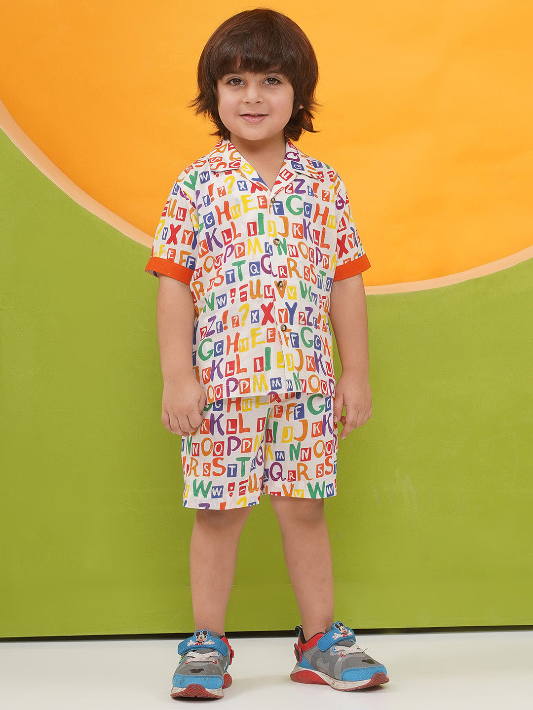 MULTI-COLOR Pure Cotton Half Sleeves Alphabet Print Co-Ords Set for Boys