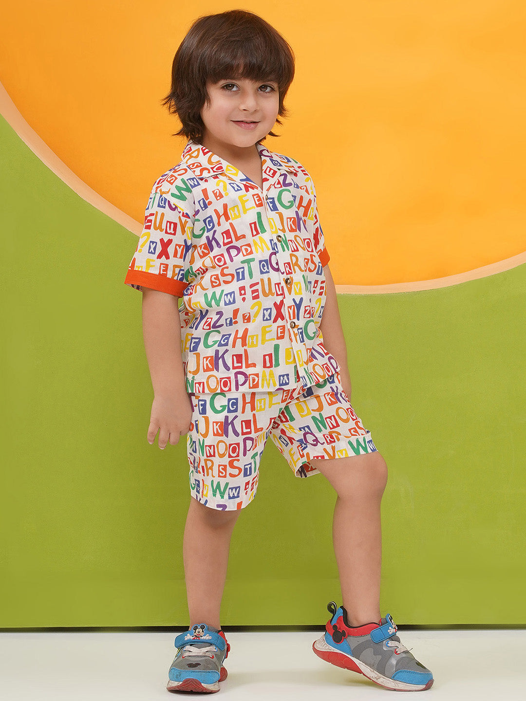 MULTI-COLOR Pure Cotton Half Sleeves Alphabet Print Co-Ords Set for Boys