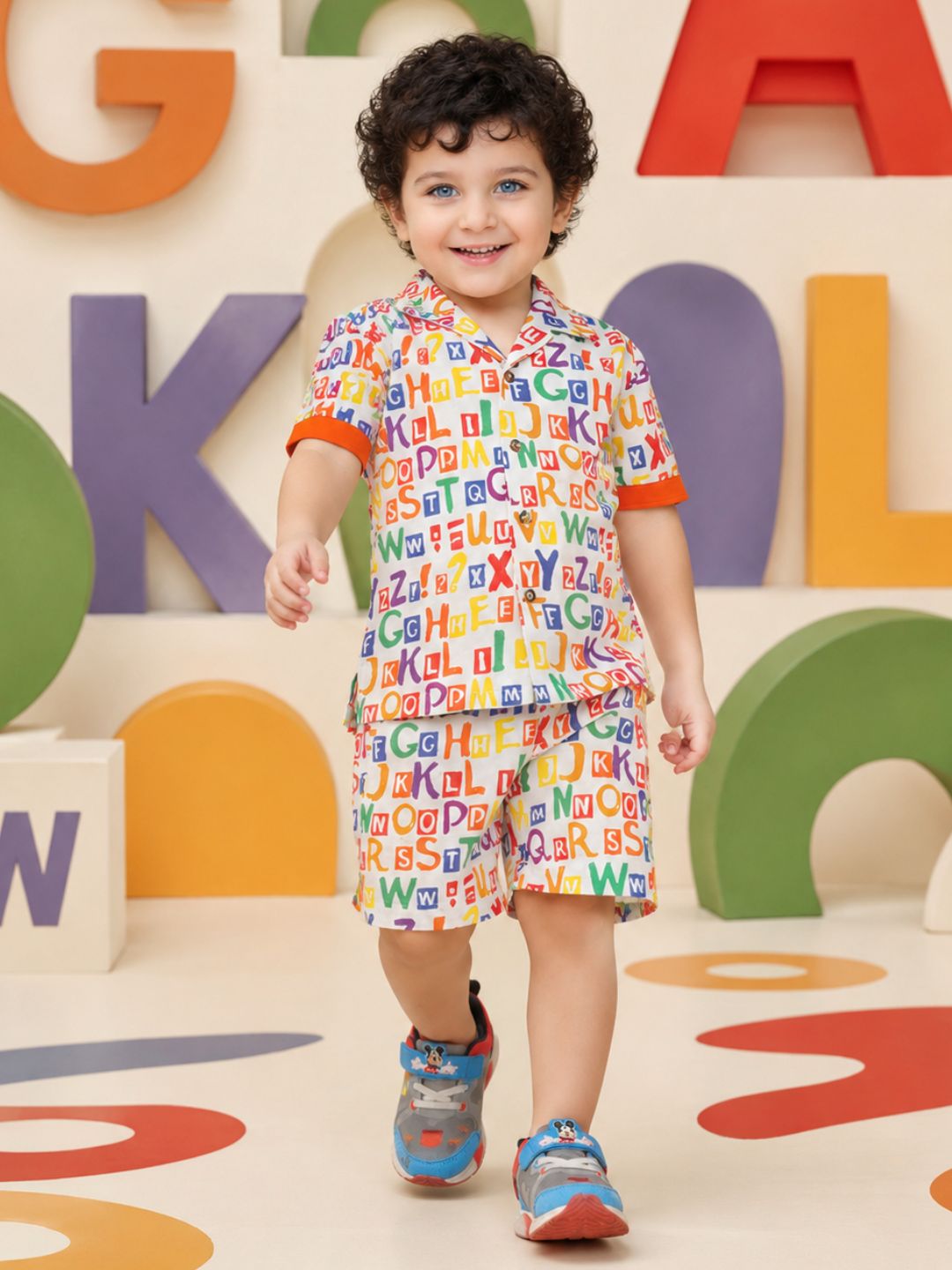 MULTI-COLOR Pure Cotton Half Sleeves Alphabet Print Co-Ords Set for Boys