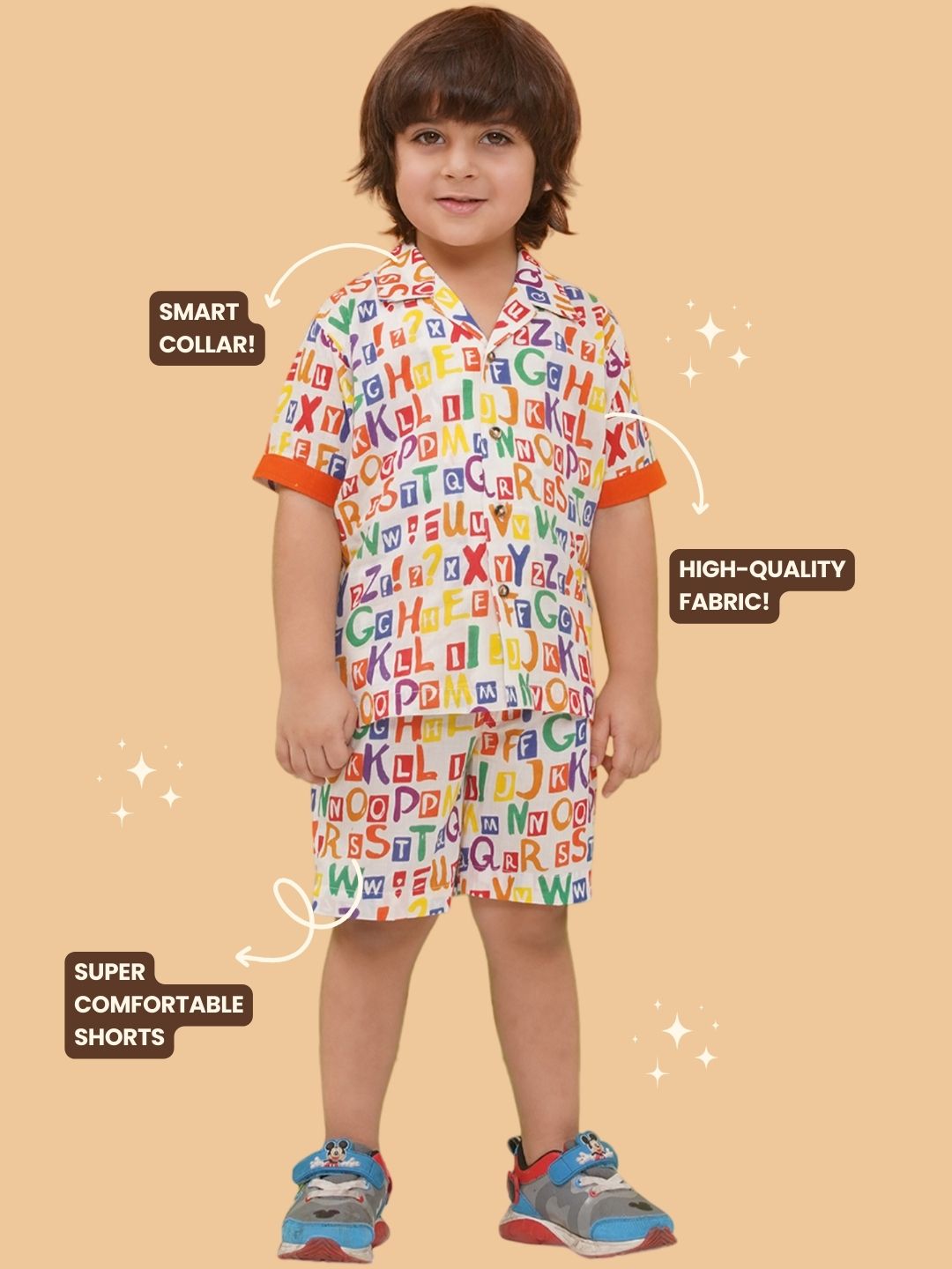 MULTI-COLOR Pure Cotton Half Sleeves Alphabet Print Co-Ords Set for Boys