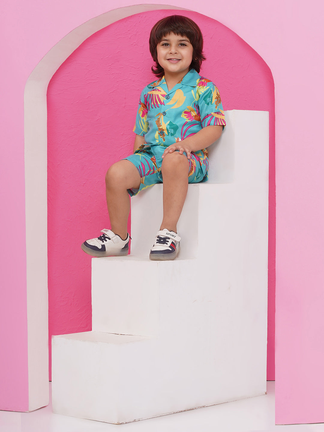 BLUE Pure Cotton Half Sleeves Printed Co-Ords Set for Boys