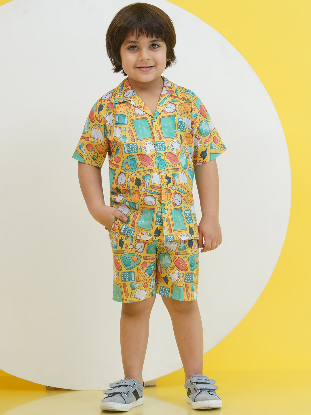 Yellow Cotton Half Sleeves Funky Print Boys Co-Ords for Boys