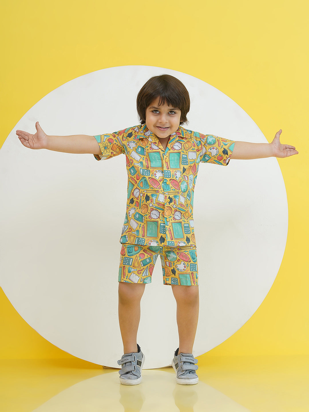Yellow Cotton Half Sleeves Funky Print Boys Co-Ords for Boys