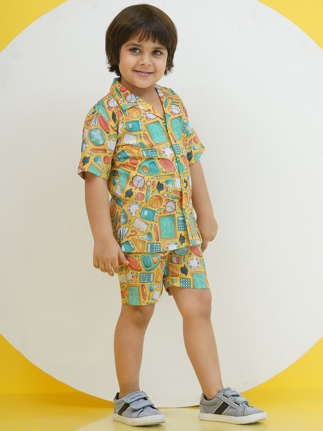 Yellow Cotton Half Sleeves Funky Print Boys Co-Ords for Boys