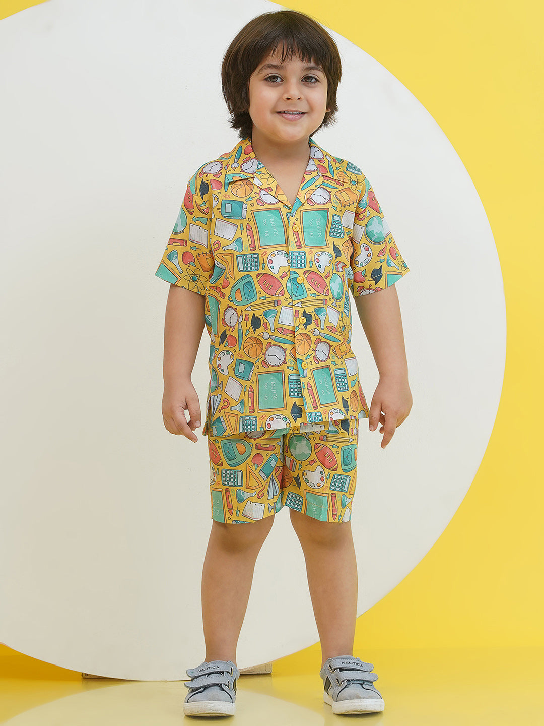 Yellow Cotton Half Sleeves Funky Print Boys Co-Ords for Boys