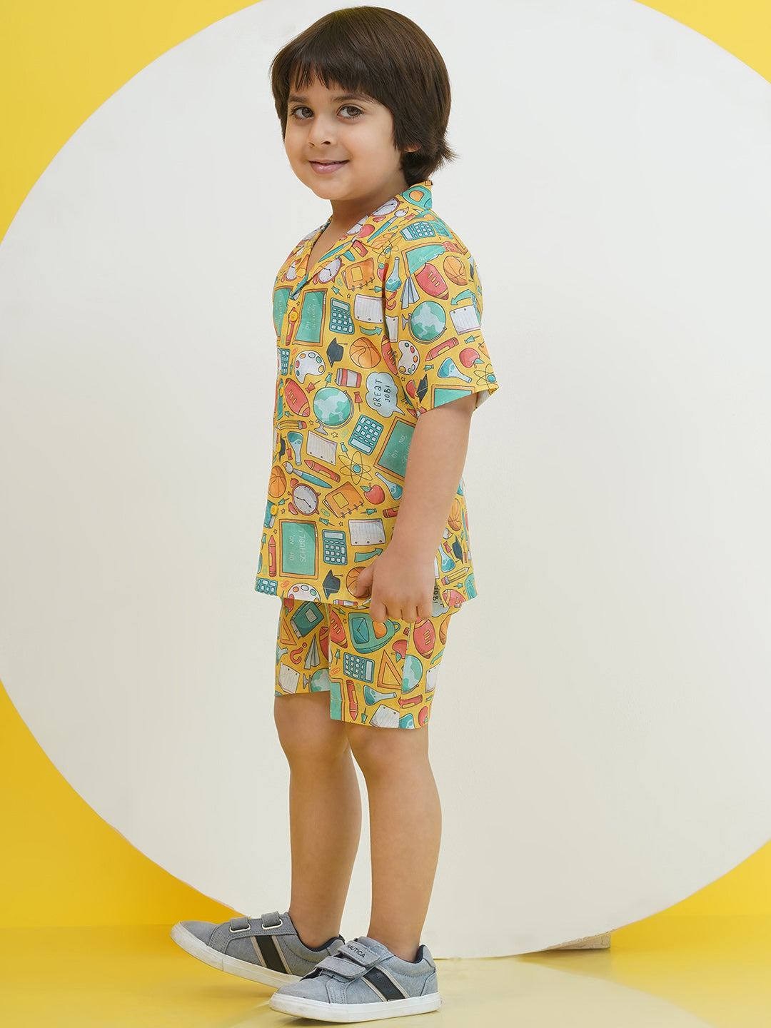 Yellow Cotton Half Sleeves Funky Print Boys Co-Ords for Boys