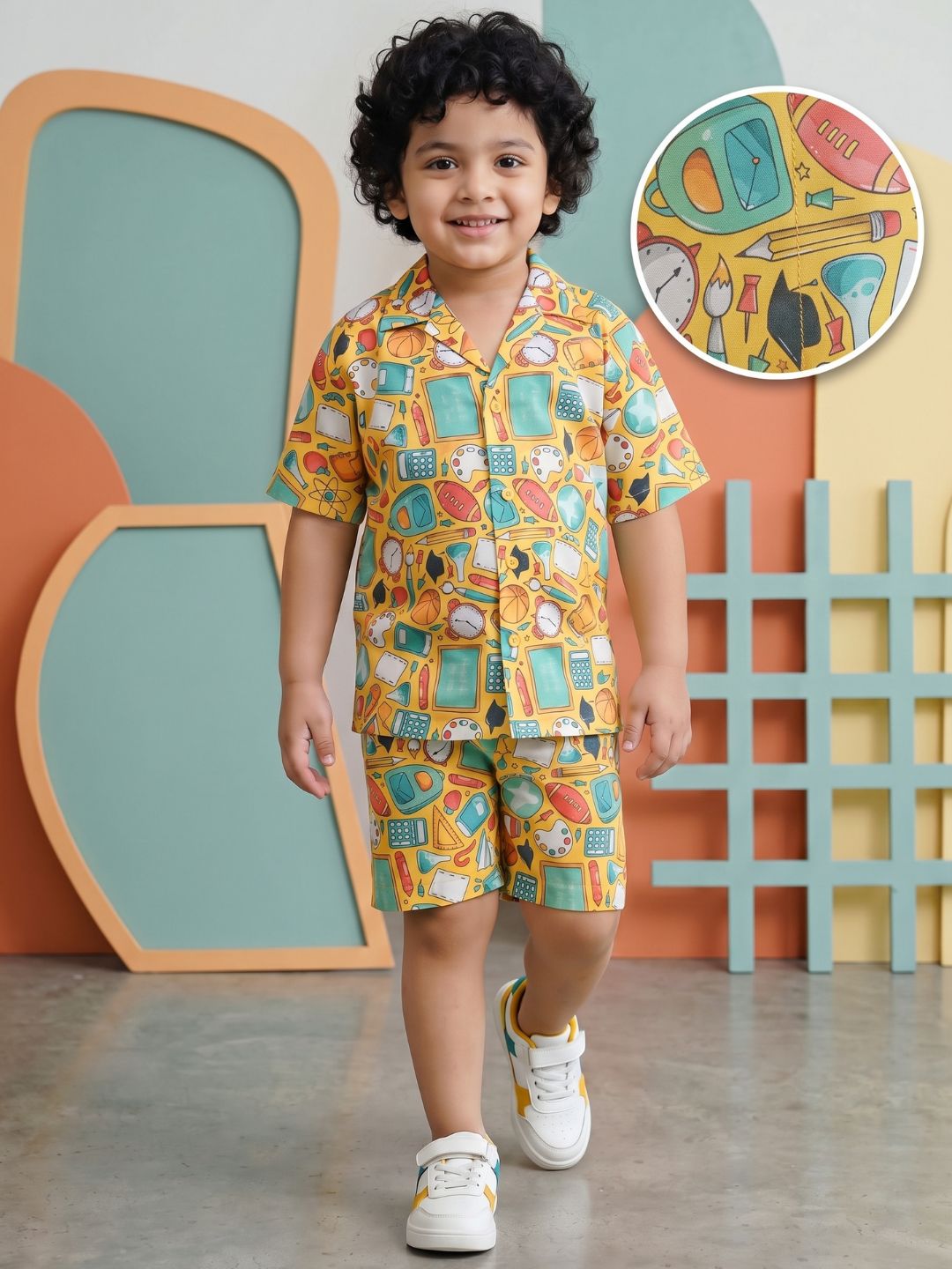 Yellow Cotton Half Sleeves Funky Print Boys Co-Ords for Boys