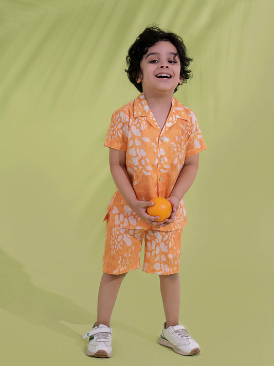 AJ Dezines Orange Cotton Half Sleeves Abstract Printed Boys Co-Ords