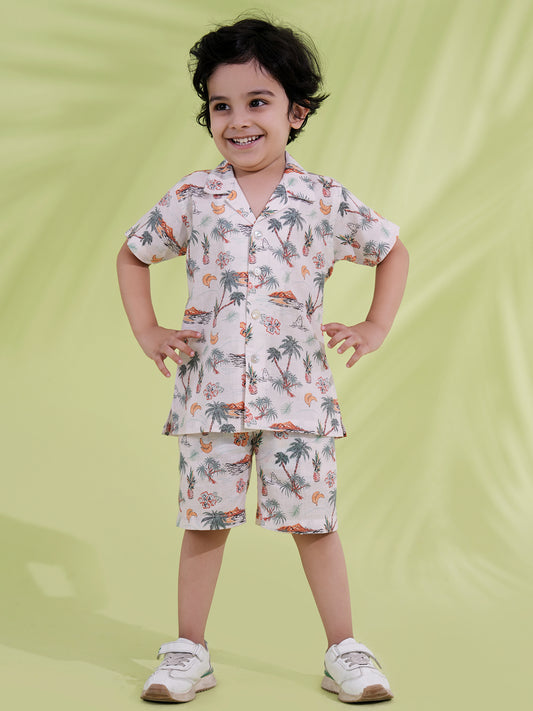 AJ Dezines White Cotton Half Sleeves Tropical Printed Boys Co-Ords