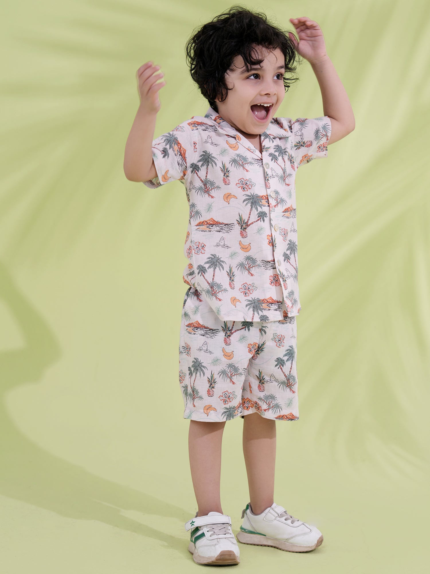 White Cotton Half Sleeves Tropical Printed Boys Co-Ords - AJ Dezines