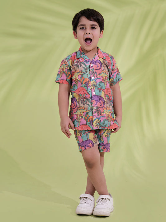 AJ Dezines Multi Color Cotton Half Sleeves Dinosaur Printed Boys Co-Ords