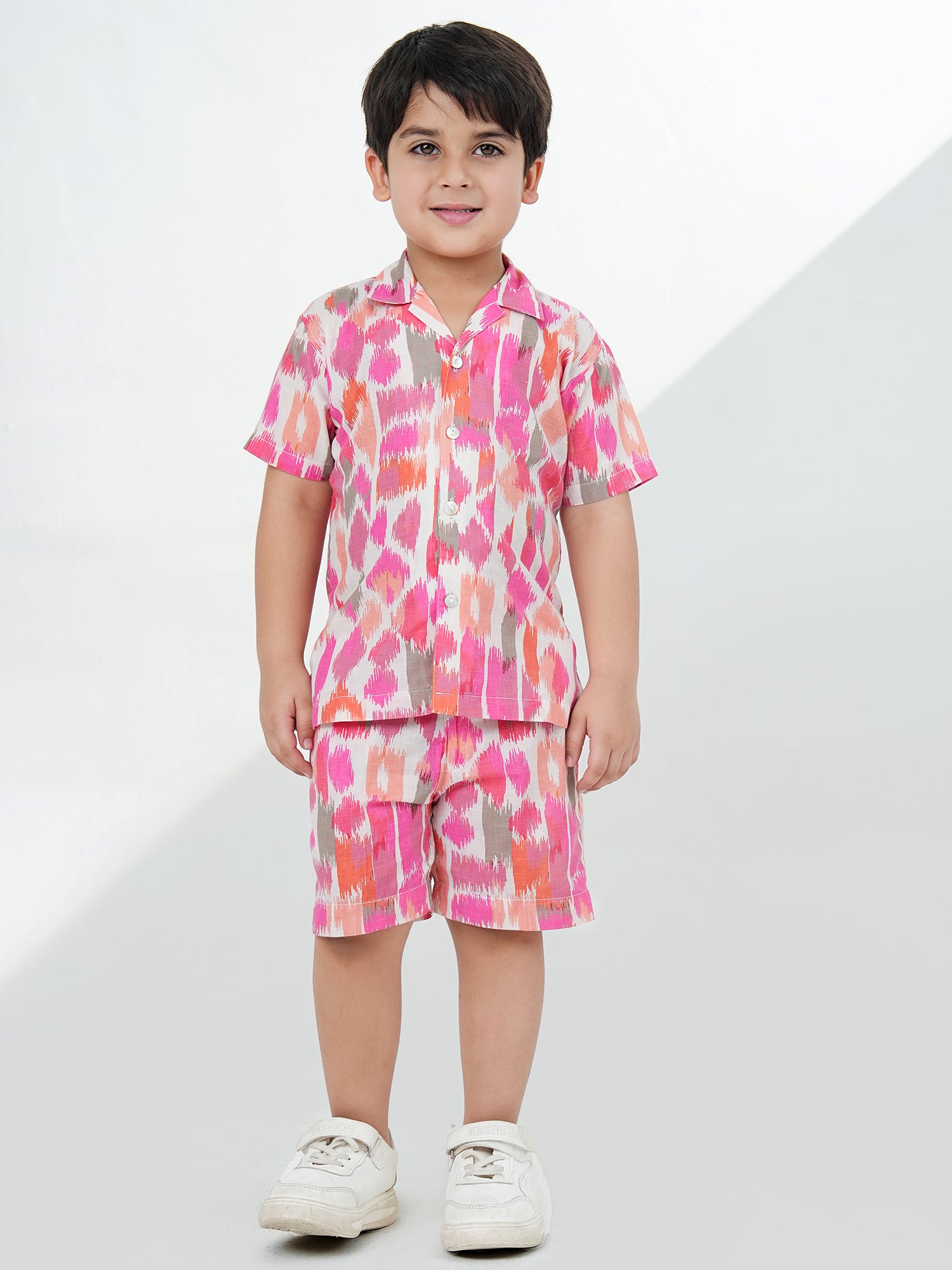 Pink Cotton Half Sleeves Abstract Printed Boys Co-Ords