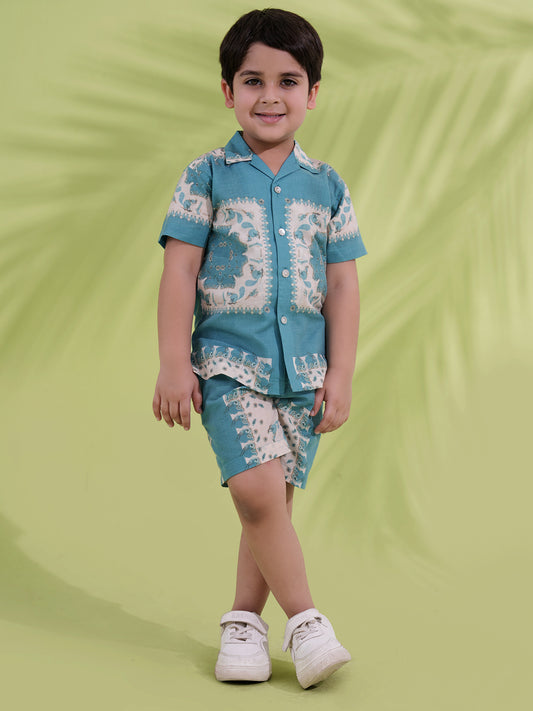AJ Dezines Teal Cream Half Sleeves Abstract Printed Boys Co-Ords