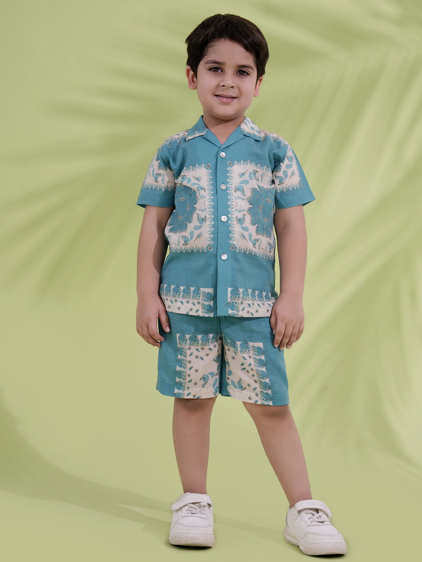 AJ Dezines Teal Cream Half Sleeves Abstract Printed Boys Co-Ords