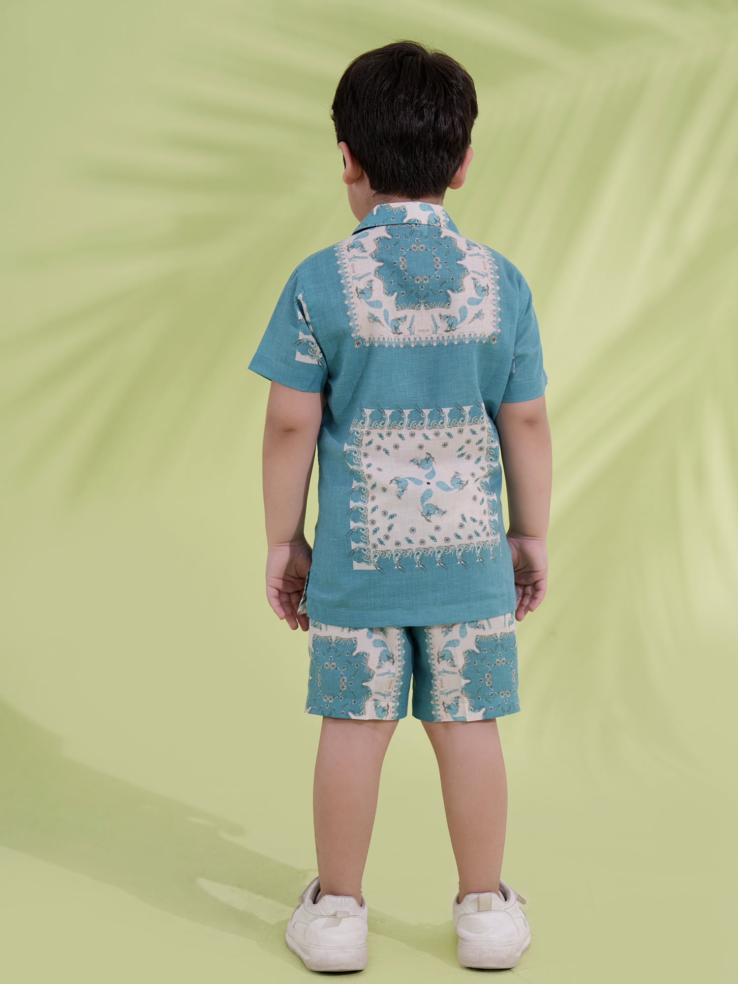 Teal Cream Half Sleeves Abstract Printed Boys Co-Ords - AJ Dezines