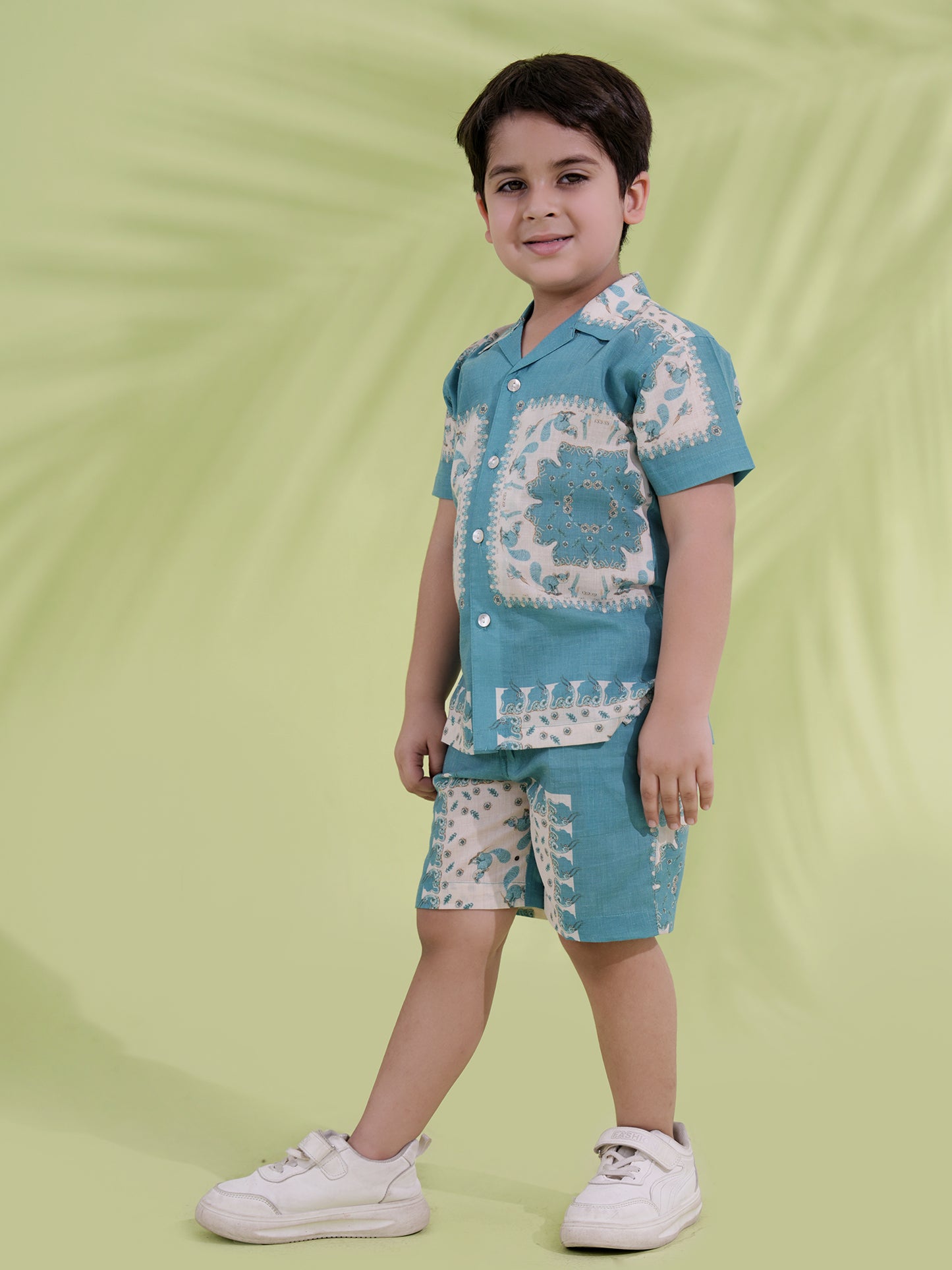 AJ Dezines Teal Cream Half Sleeves Abstract Printed Boys Co-Ords