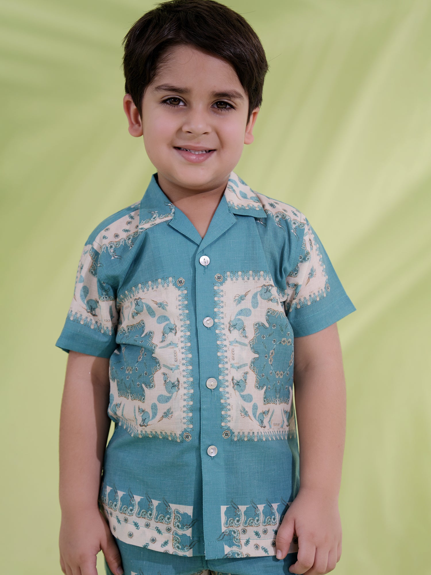 Teal Cream Half Sleeves Abstract Printed Boys Co-Ords - AJ Dezines